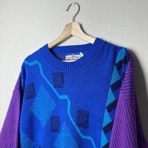 vintage blue and red geometric retro patterned sweater